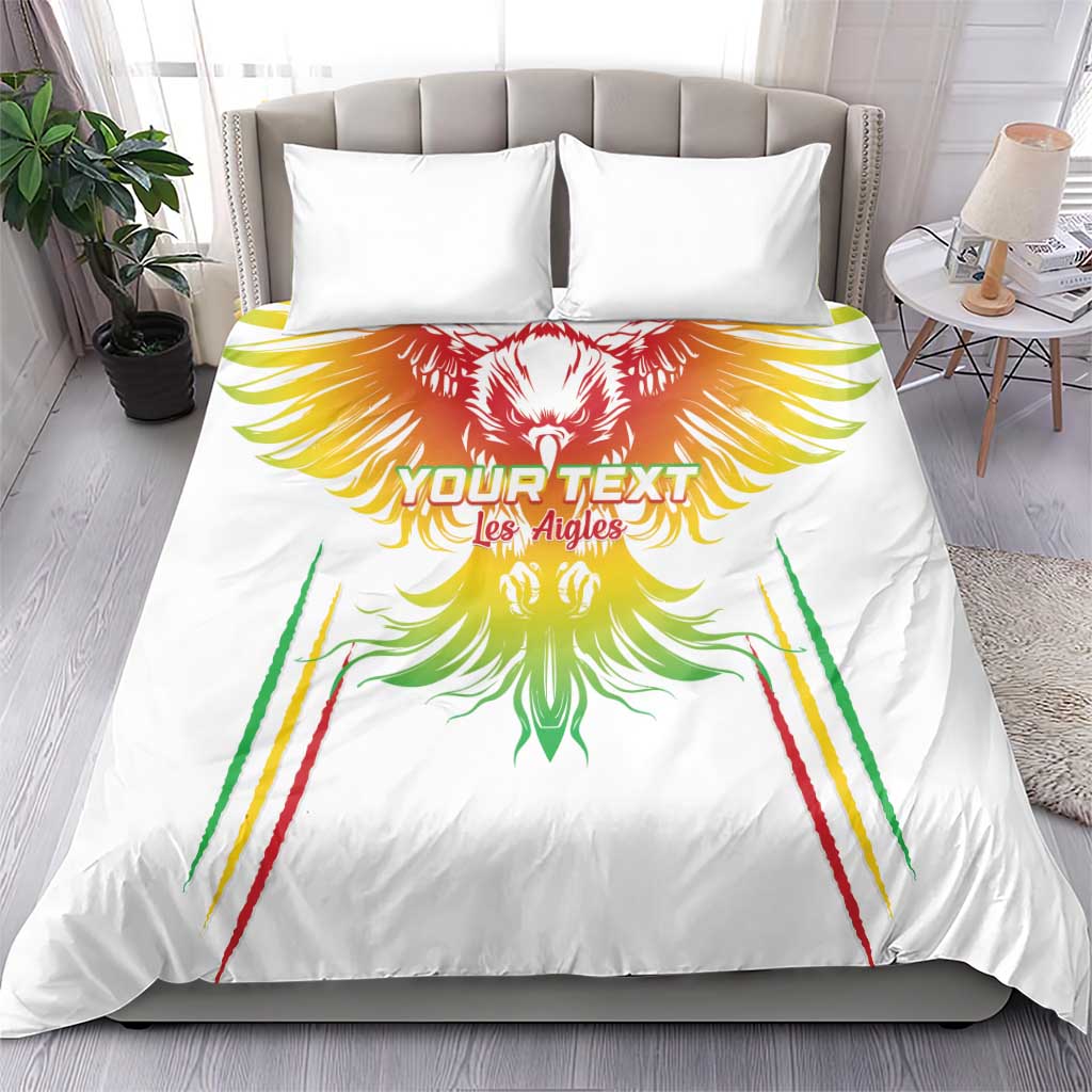 White duvet cover and pillow set with bold eagle wing artwork in red, yellow, and green