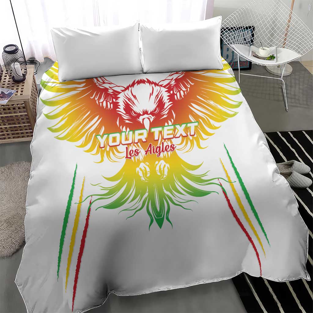White bedding set with large colorful eagle emblem and multicolor stripe details on duvet