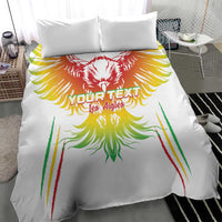 White bedding set with large colorful eagle emblem and multicolor stripe details on duvet