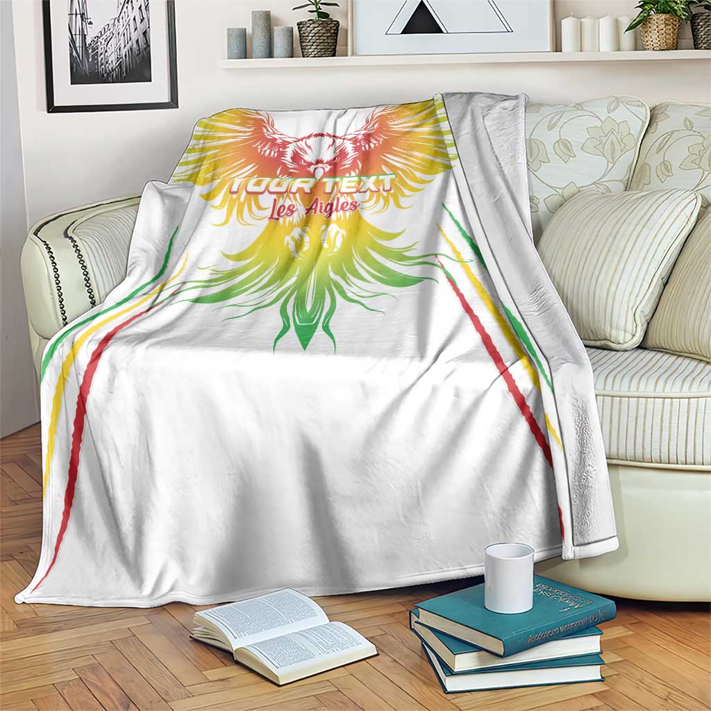 White football blanket with colorful eagle emblem, red green yellow trim, custom text