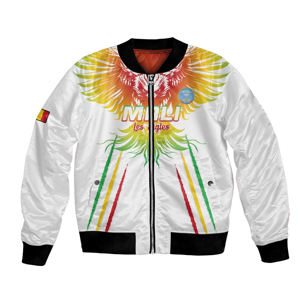 White zip-up bomber with black ribbed collar, cuffs, and colorful winged front graphic