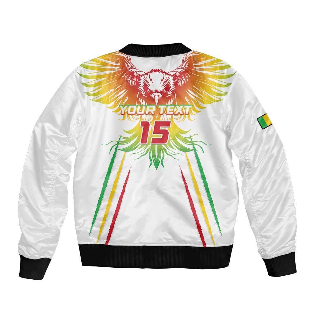 White bomber back with black ribbed hem, large red 15, and winged artwork