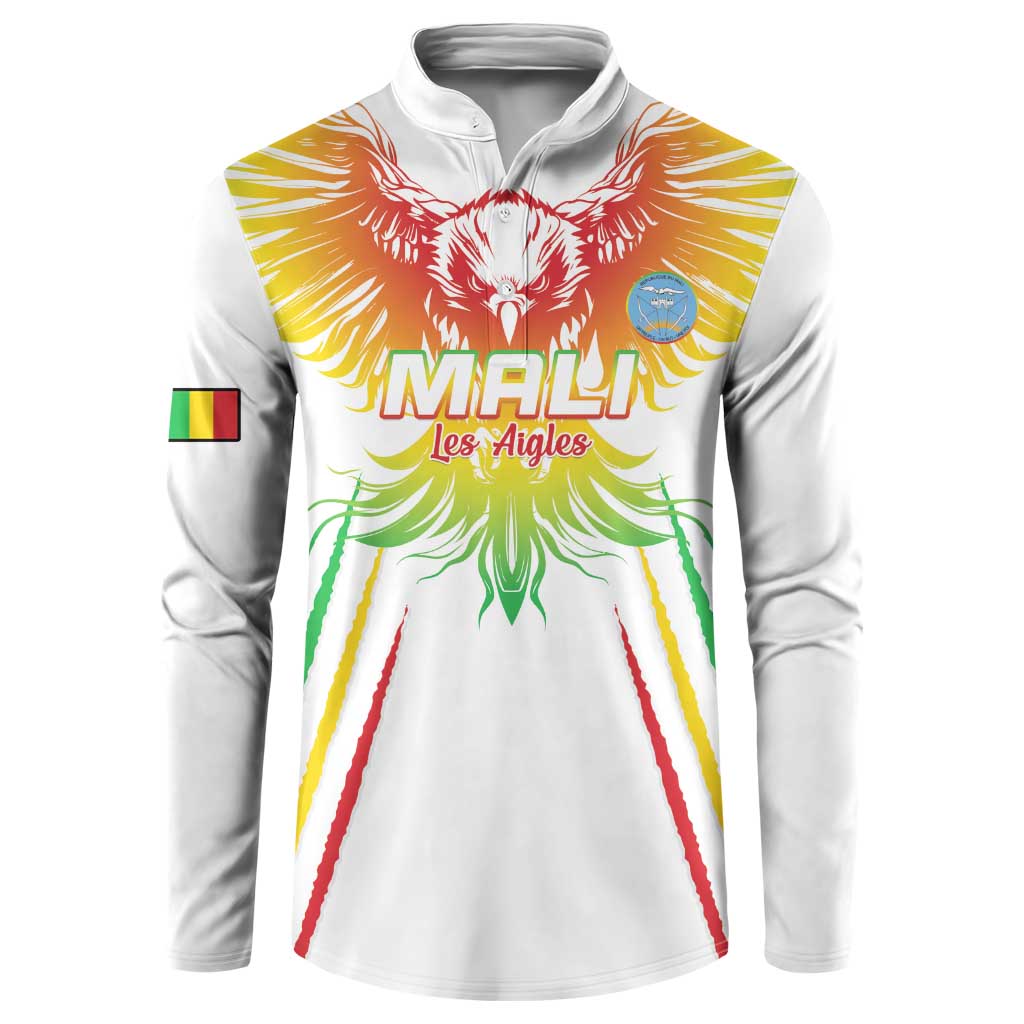 White football button sweatshirt with eagle graphic and Mali flag patch on sleeve