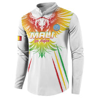 White football button sweatshirt with eagle crest, striped rays, and Mali flag sleeve patch