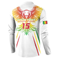 White football button sweatshirt back print with YOUR TEXT and large 15, Mali flag sleeve patch