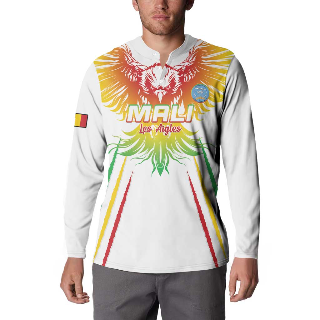White football button sweatshirt worn front view with eagle crest and Mali flag sleeve patch