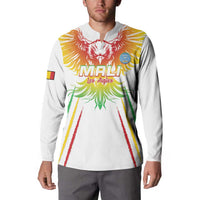 White football button sweatshirt worn front view with eagle crest and Mali flag sleeve patch