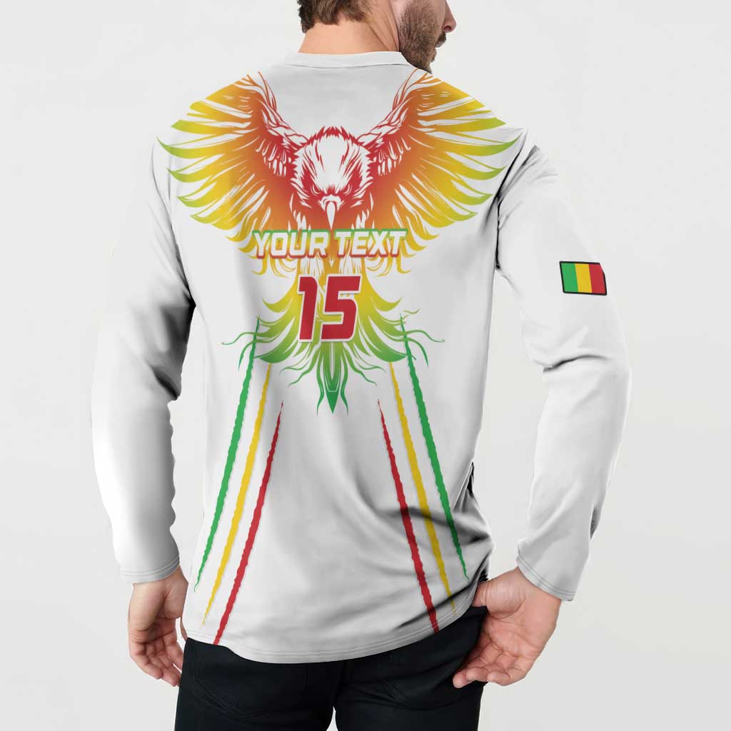 White football button sweatshirt back view with YOUR TEXT and 15, eagle graphic, Mali flag patch