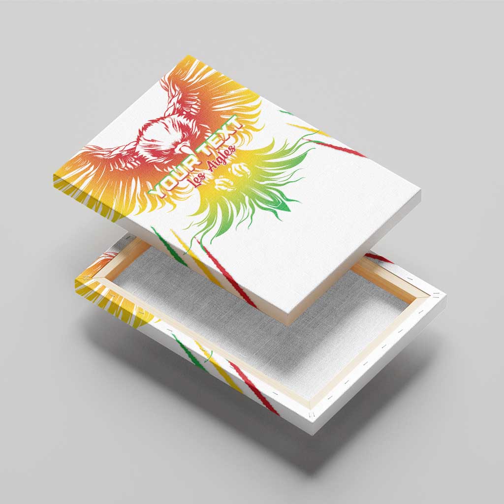 Angled white canvas wall art view with eagle wings graphic and “YOUR TEXT”/“Les Aigles”