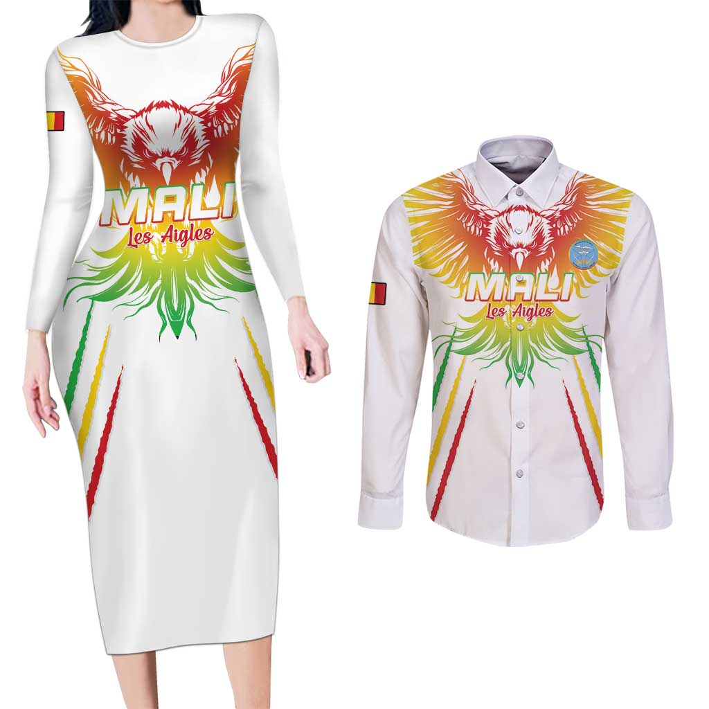 Custom Mali Football Couples Matching Long Sleeve Bodycon Dress and Long Sleeve Button Shirt Go Les Aigles White Color