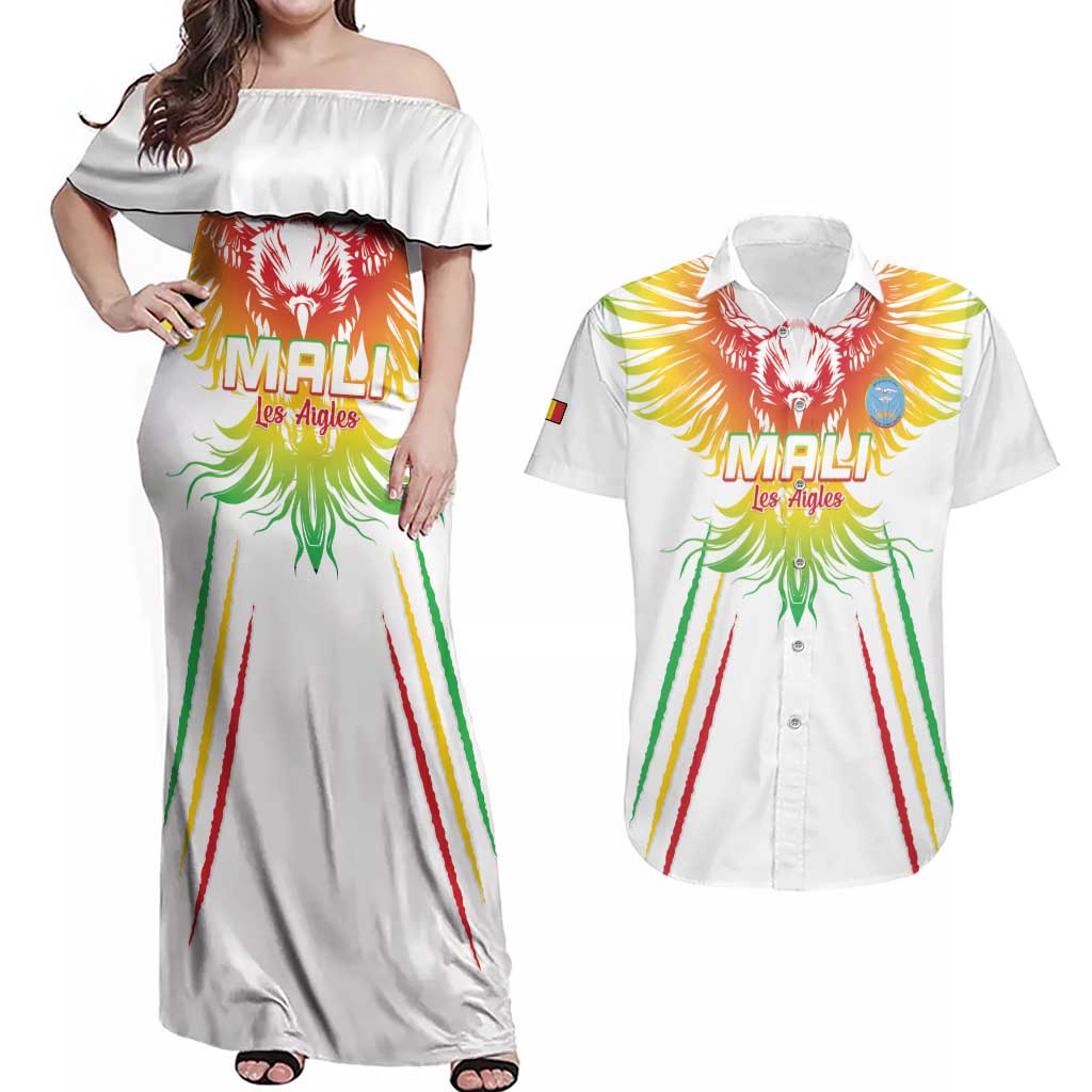 Custom Mali Football Couples Matching Off Shoulder Maxi Dress and Hawaiian Shirt Go Les Aigles White Color