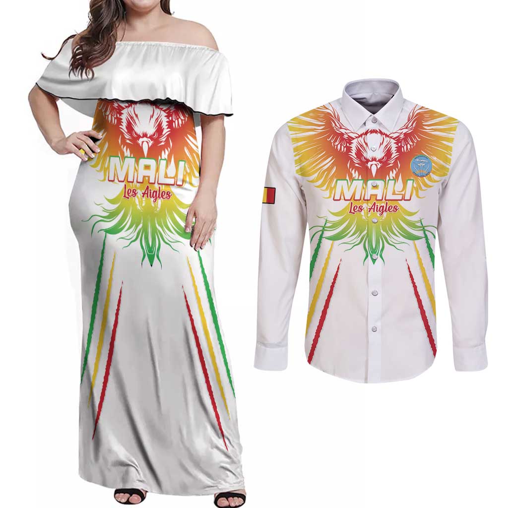 Custom Mali Football Couples Matching Off Shoulder Maxi Dress and Long Sleeve Button Shirt Go Les Aigles White Color