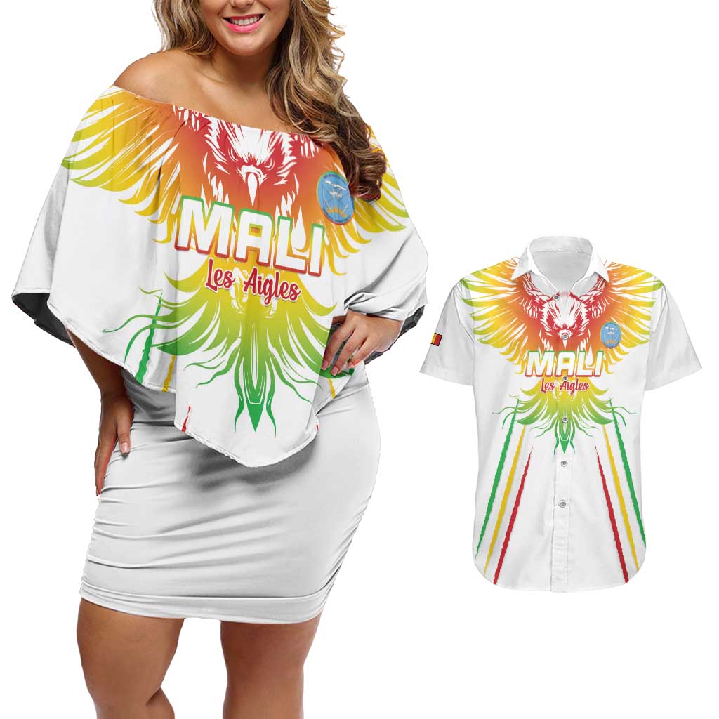 Custom Mali Football Couples Matching Off Shoulder Short Dress and Hawaiian Shirt Go Les Aigles White Color