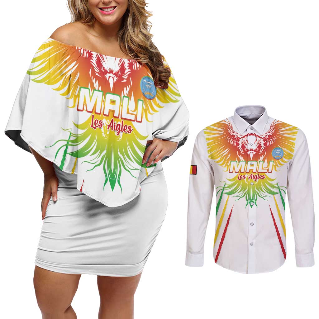 Custom Mali Football Couples Matching Off Shoulder Short Dress and Long Sleeve Button Shirt Go Les Aigles White Color