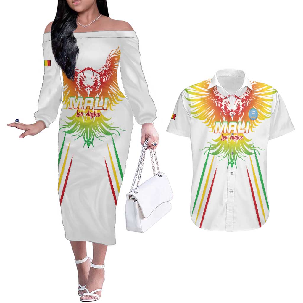 Custom Mali Football Couples Matching Off The Shoulder Long Sleeve Dress and Hawaiian Shirt Go Les Aigles White Color