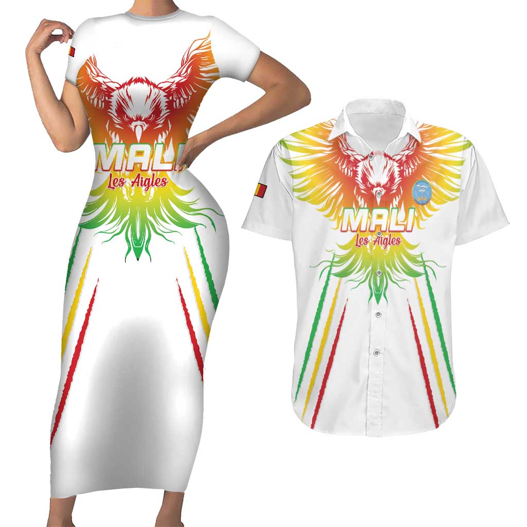 Custom Mali Football Couples Matching Short Sleeve Bodycon Dress and Hawaiian Shirt Go Les Aigles White Color