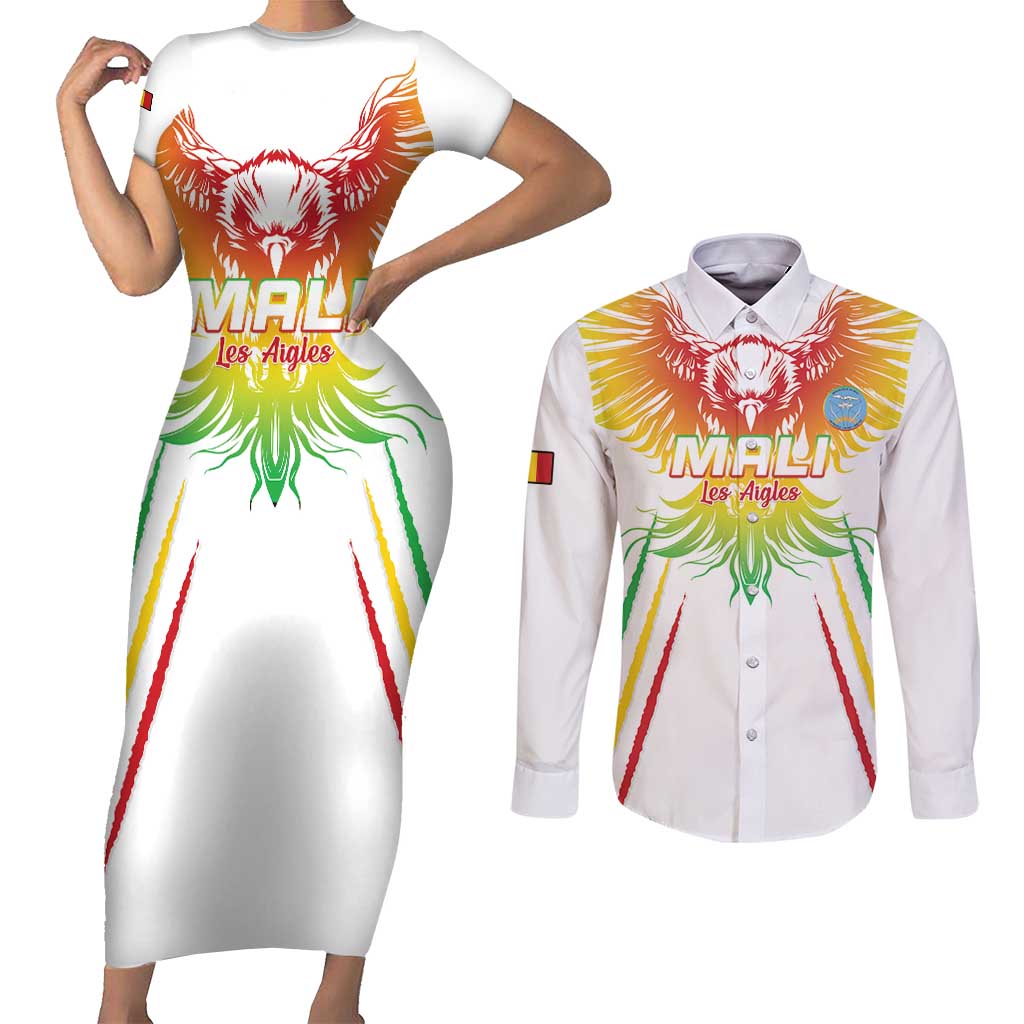 Custom Mali Football Couples Matching Short Sleeve Bodycon Dress and Long Sleeve Button Shirt Go Les Aigles White Color