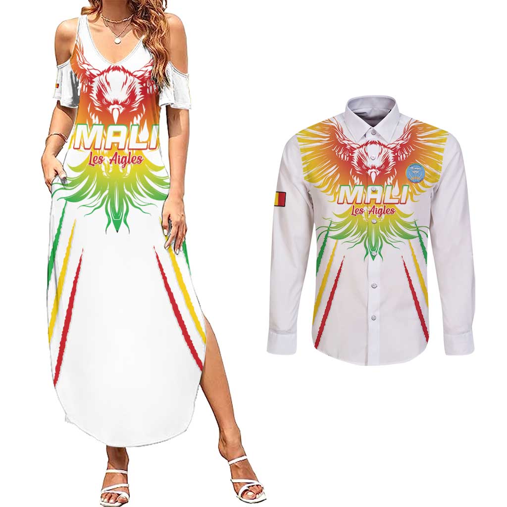 Custom Mali Football Couples Matching Summer Maxi Dress and Long Sleeve Button Shirt Go Les Aigles White Color