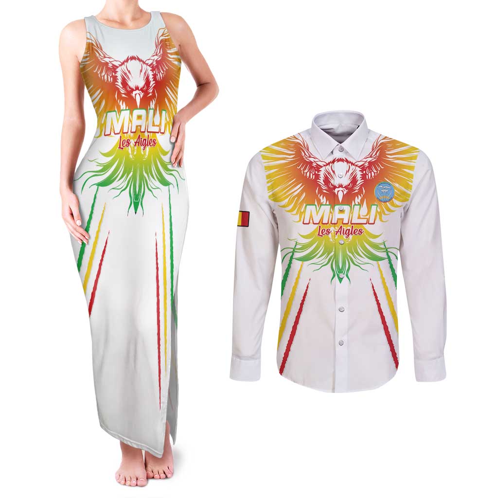 Custom Mali Football Couples Matching Tank Maxi Dress and Long Sleeve Button Shirt Go Les Aigles White Color