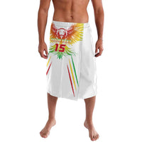 White football lavalava wrap skirt with colorful eagle graphic and number 15