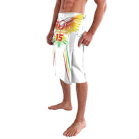 White football lavalava wrap skirt with front eagle print, number 15, and slanted hem