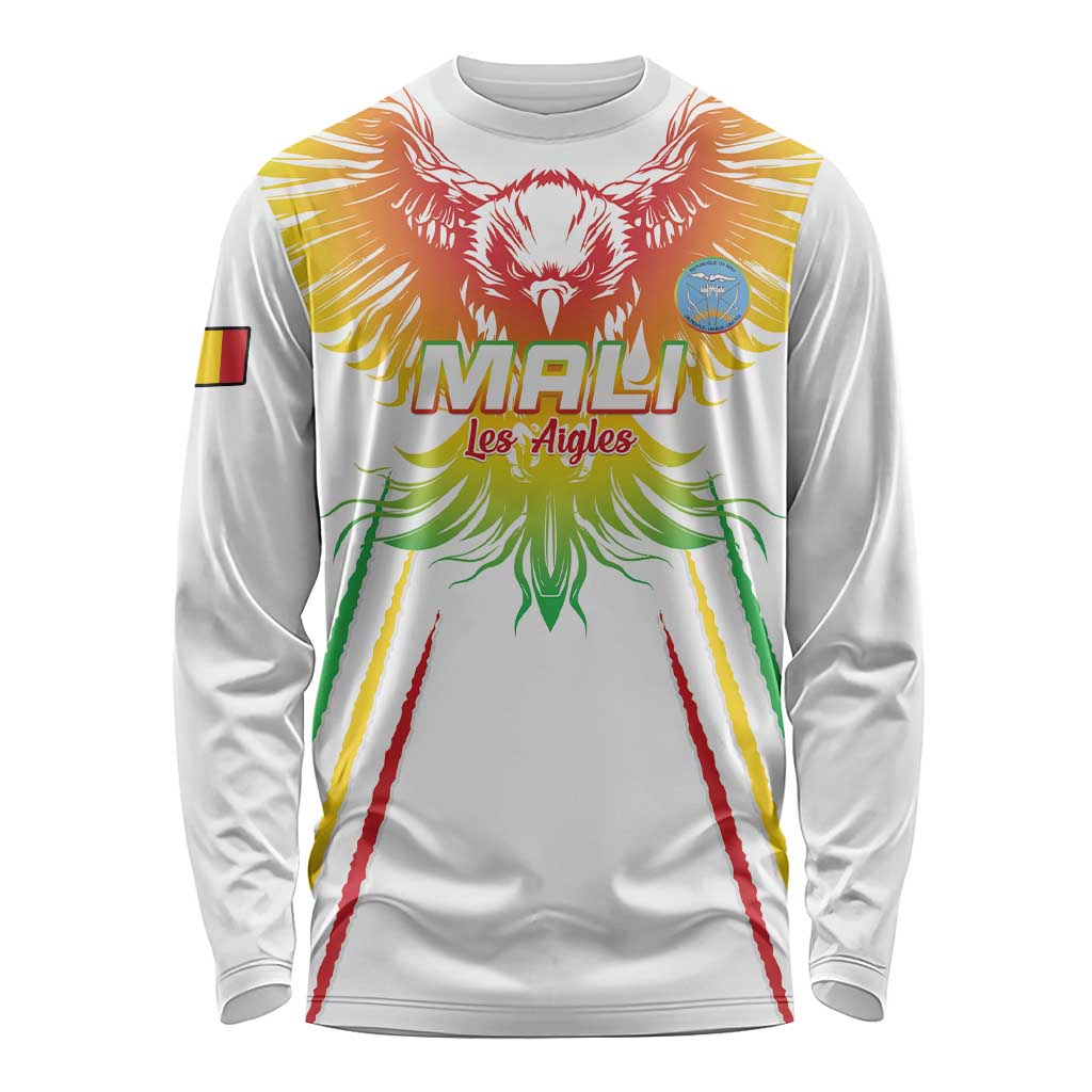 Unisex white long-sleeve football shirt with colorful Mali graphic on front