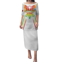 White long soccer dress with colorful eagle graphic and short sleeves