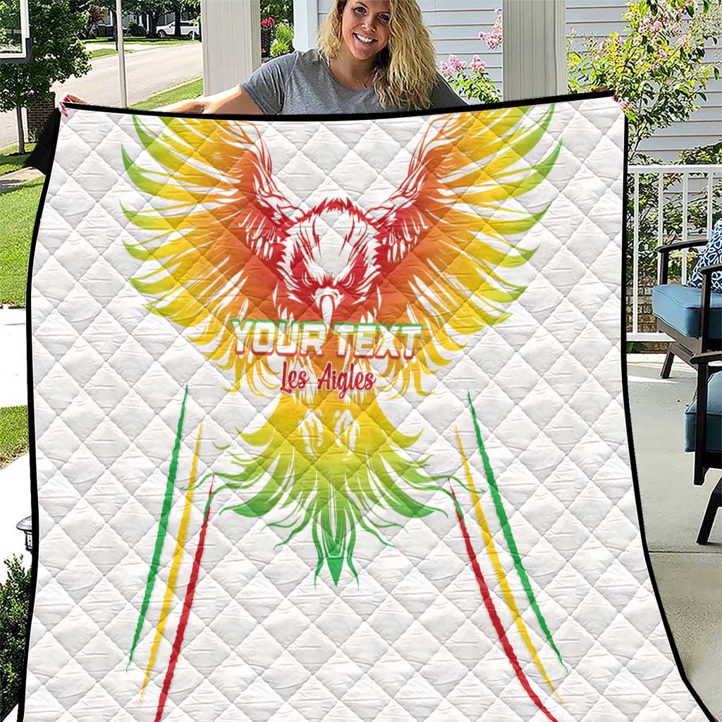 White quilt with colorful eagle artwork and custom text area, quilted diamond pattern