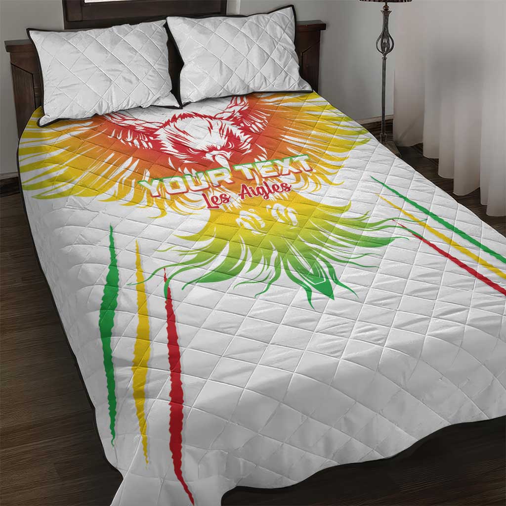 White quilt bed set with colorful eagle graphic and two square matching pillows