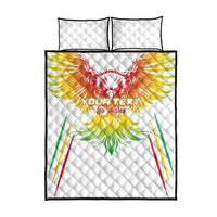 White quilt and pillows set with eagle graphic and thin black border
