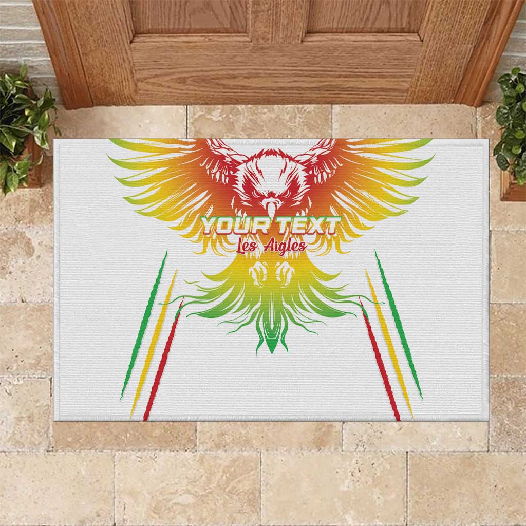 White football rubber doormat with colorful eagle graphic and 'YOUR TEXT' design
