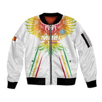 White unisex zip-up bomber jacket with black ribbed collar, cuffs, and colorful eagle graphic
