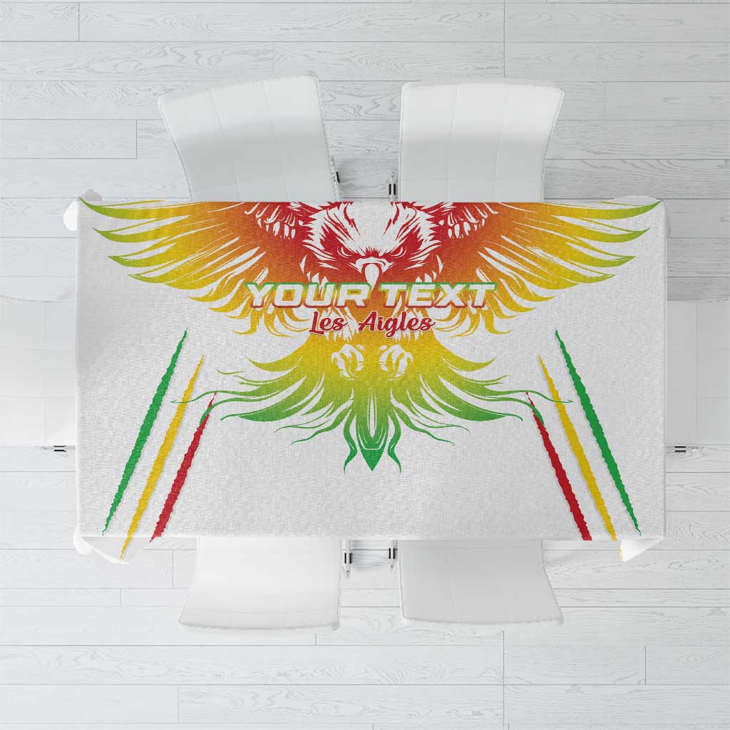 White football tablecloth with colorful wing crest and “Your Text” print across center