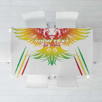White football tablecloth with colorful wing crest and “Your Text” print across center