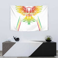 White wall tapestry showing multicolor eagle crest with 'Your Text' lettering.