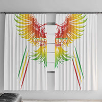 White pair of window curtains with colorful eagle wings, red center emblem, and “Your Text”