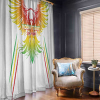 White window curtain featuring colorful eagle wings motif and “Your Text” on the panel