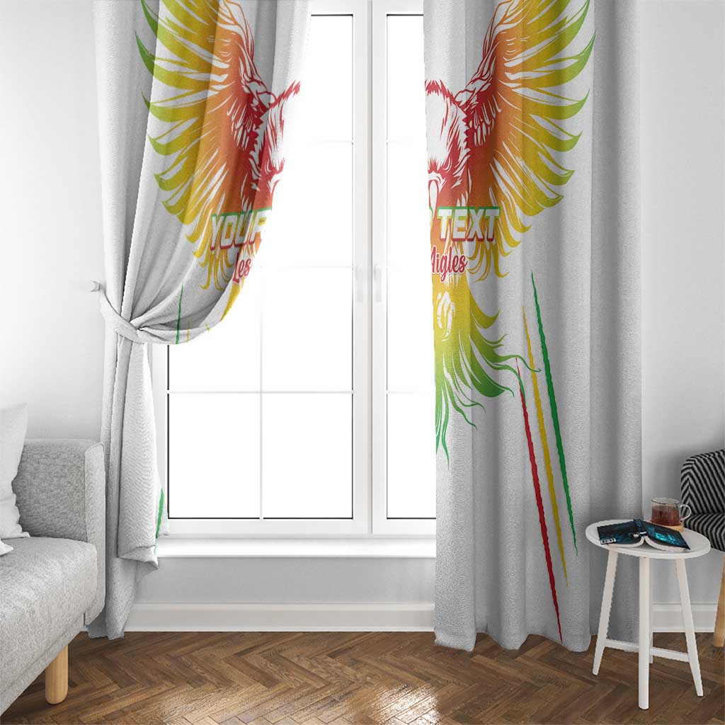 White window curtain with draped panels showing colorful eagle wings and custom “Your Text”