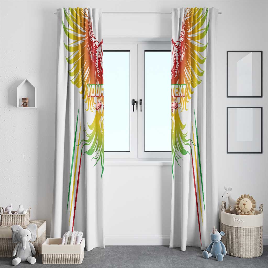 White window curtains with colorful eagle wings print and custom “Your Text” on both panels
