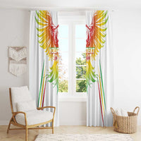 White window curtain pair with colorful eagle wing graphics and “Your Text” lettering