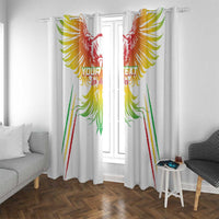 White window curtains with colorful eagle wings motif and “Your Text” on two hanging panels