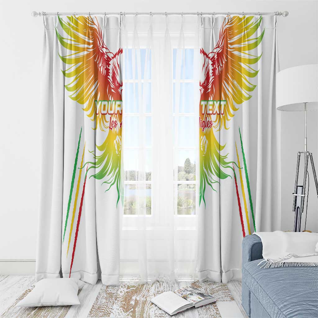 White window curtains with colorful eagle wing design and custom “Your Text” centered on panels