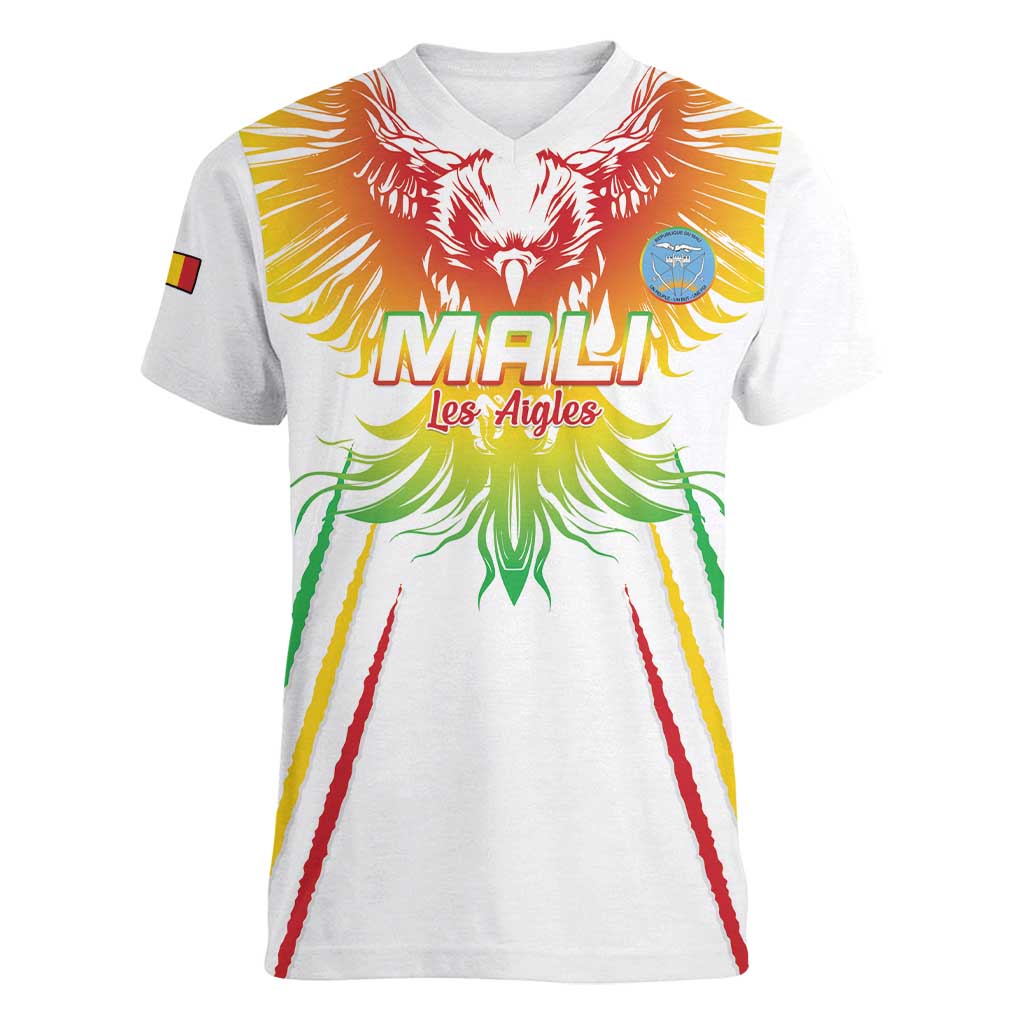 Custom Mali Football Women V-Neck T-Shirt Go Les Aigles White Color - Wonder Print Shop