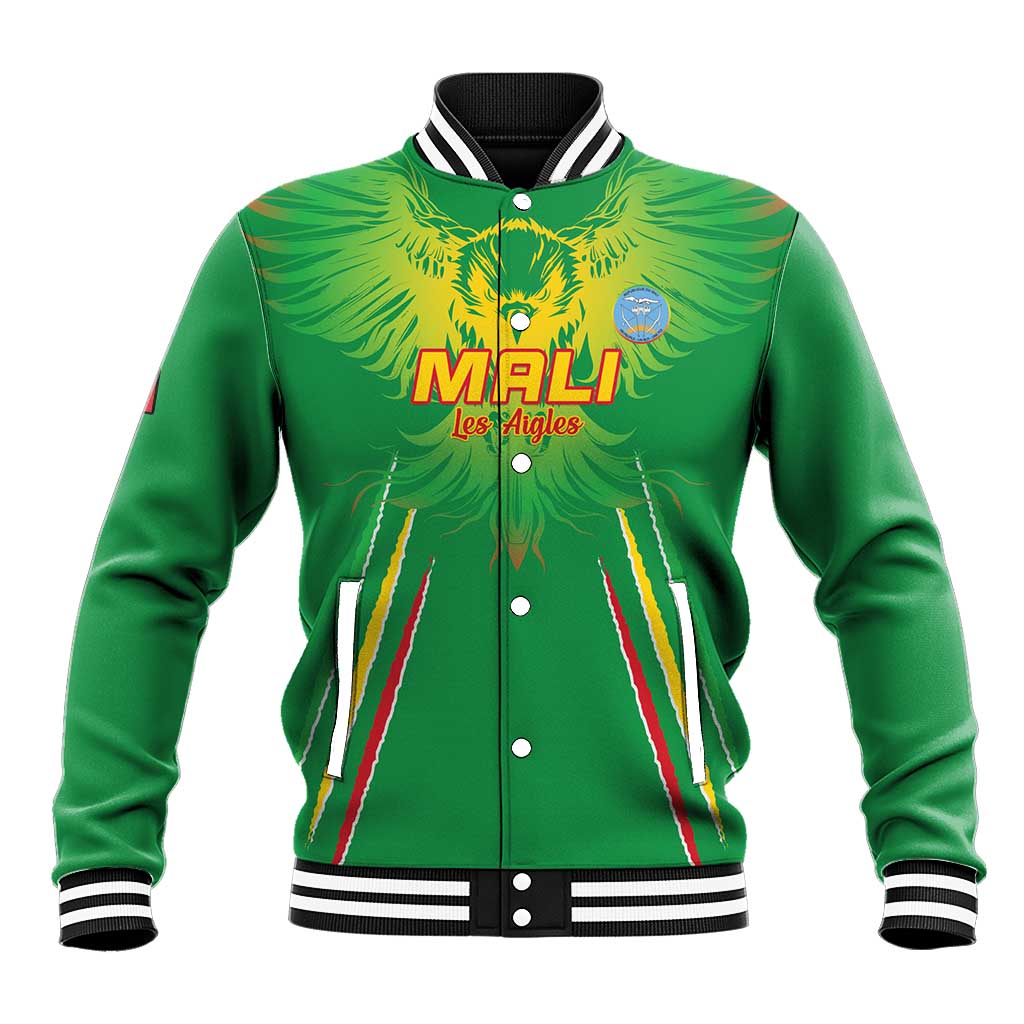 Green baseball jacket with button front, striped ribbed collar, eagle logo and MALI text