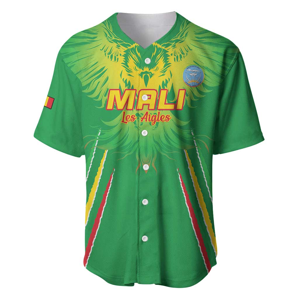 Green football baseball jersey with eagle crest, Mali Les Aigles logo, button-front V-neck