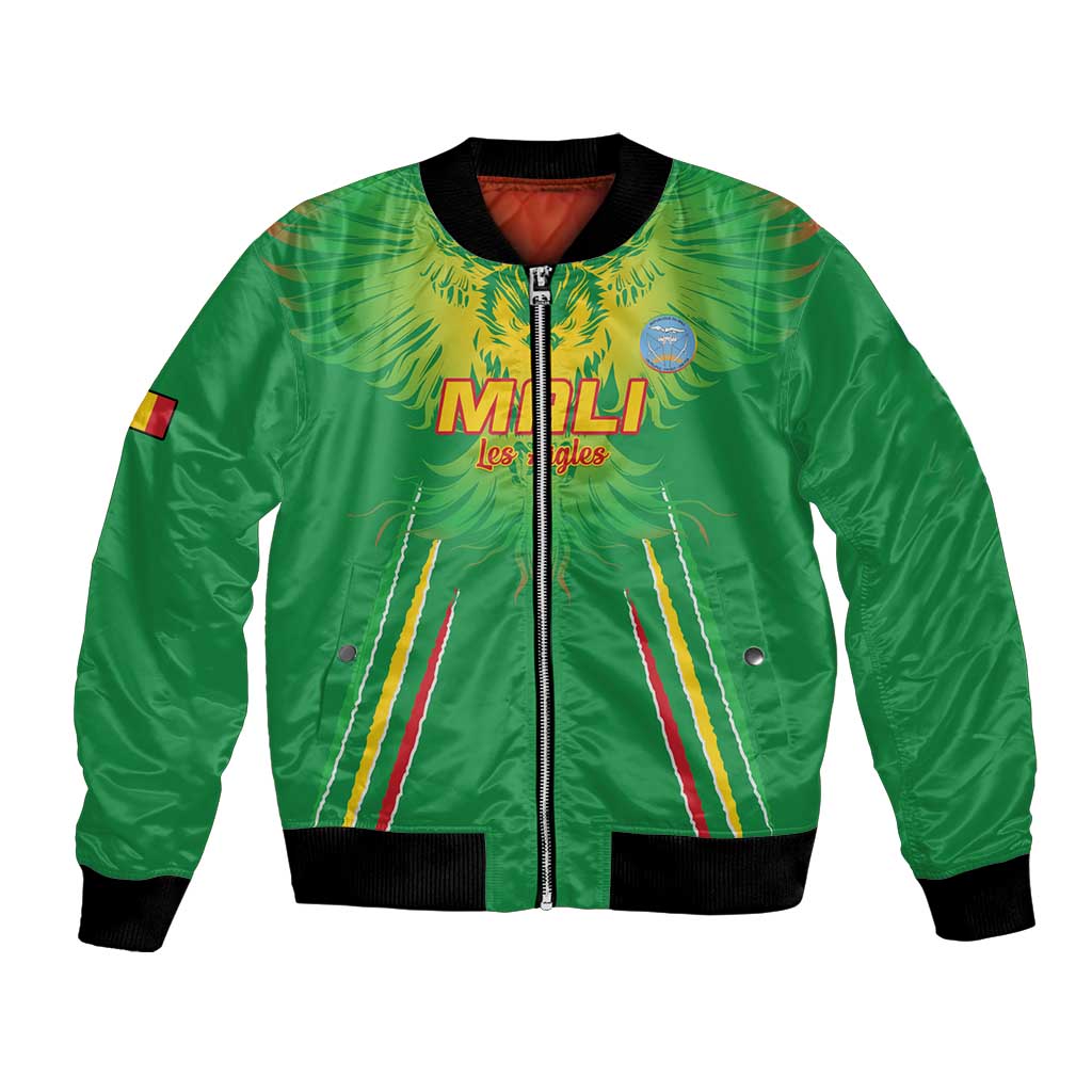 Green football bomber jacket with front zipper, MALI 'les aigles' logo, eagle and striped accents