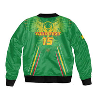 Green football bomber jacket with eagle graphic, striped panel, 'YOUR TEXT' and '15' back