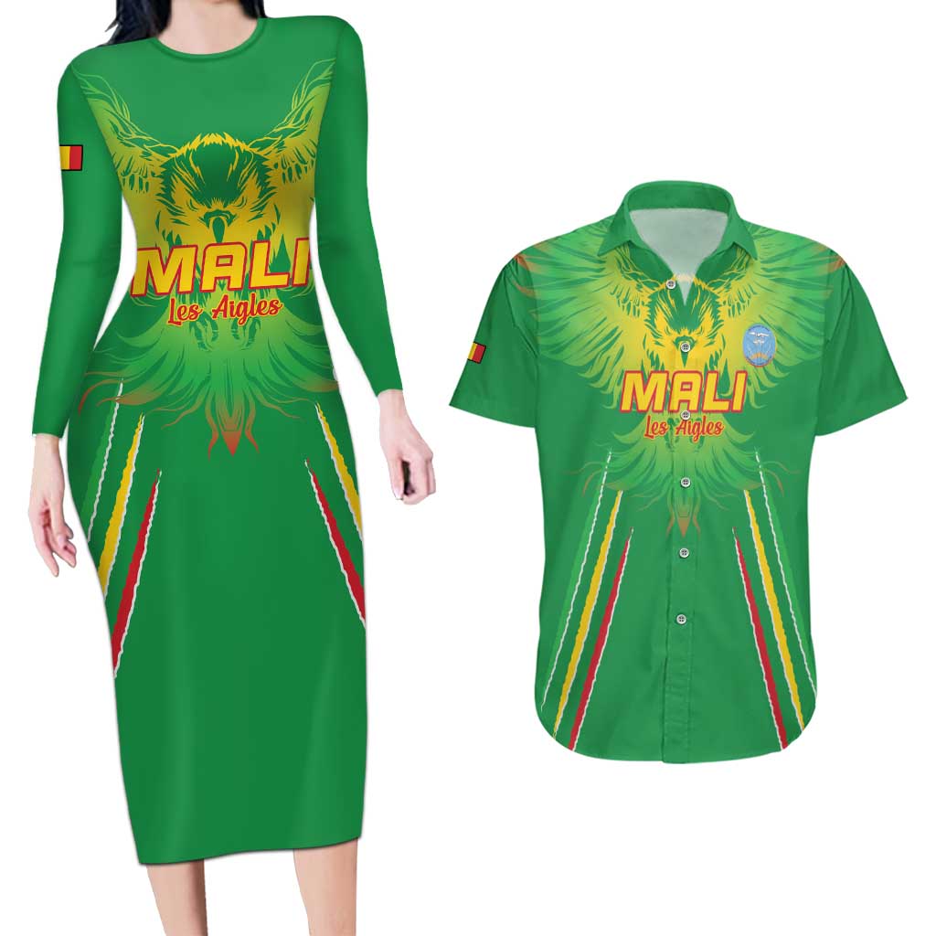 Custom Mali Football Couples Matching Long Sleeve Bodycon Dress and Hawaiian Shirt Go Les Aigles Green Color