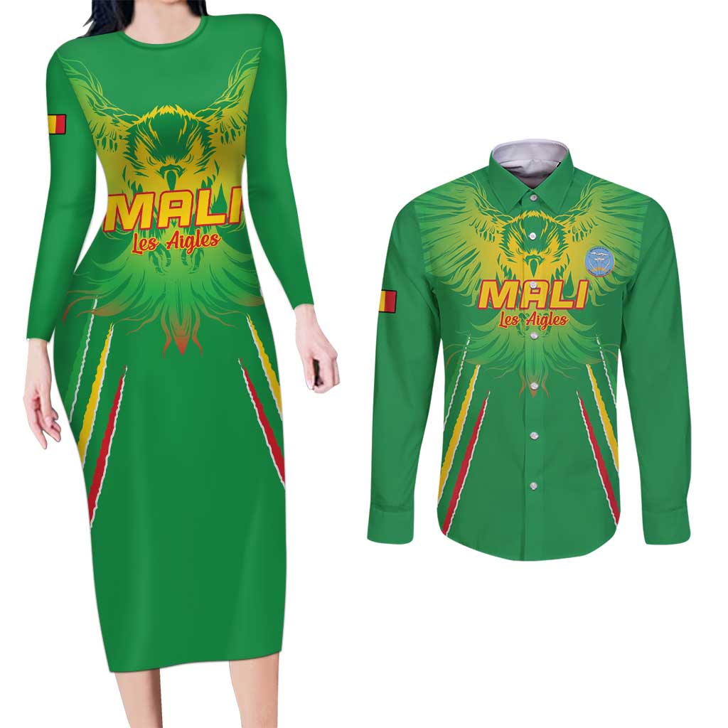 Custom Mali Football Couples Matching Long Sleeve Bodycon Dress and Long Sleeve Button Shirt Go Les Aigles Green Color