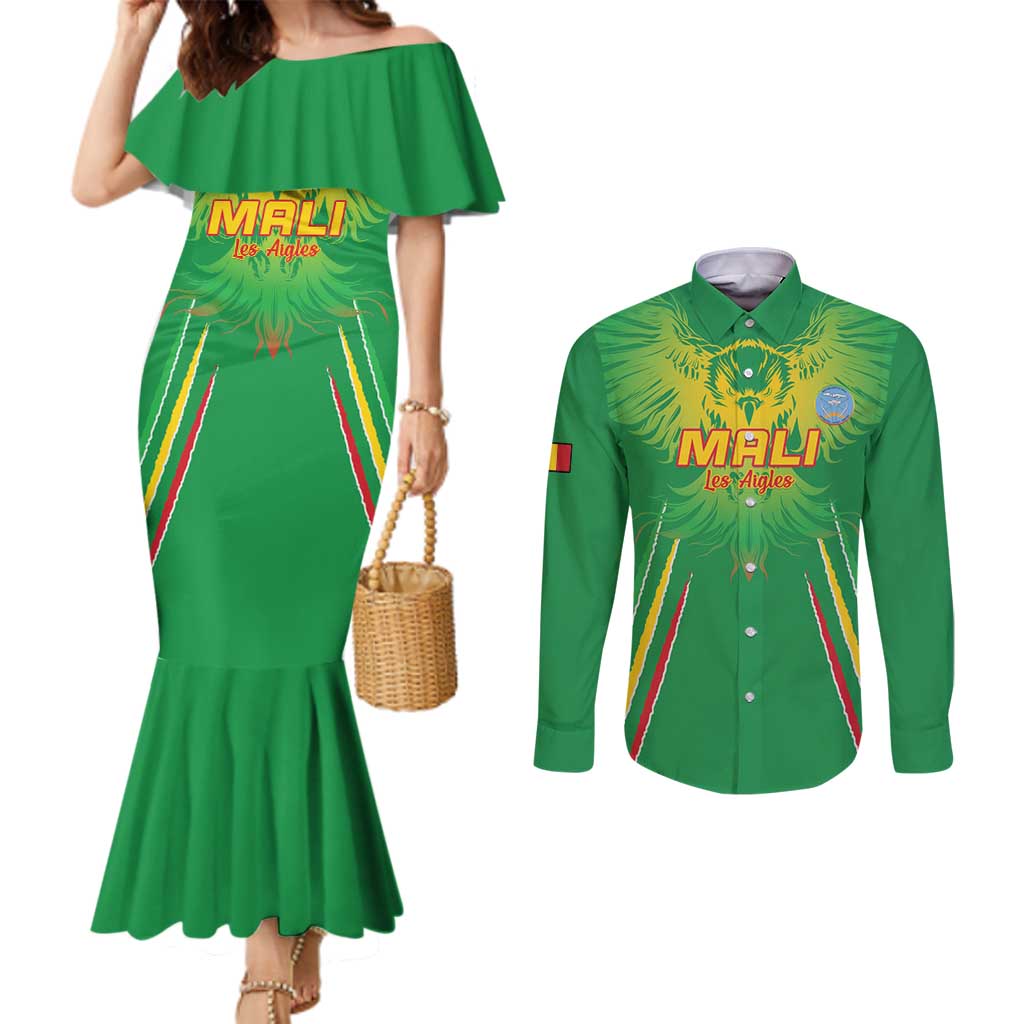 Custom Mali Football Couples Matching Mermaid Dress and Long Sleeve Button Shirt Go Les Aigles Green Color